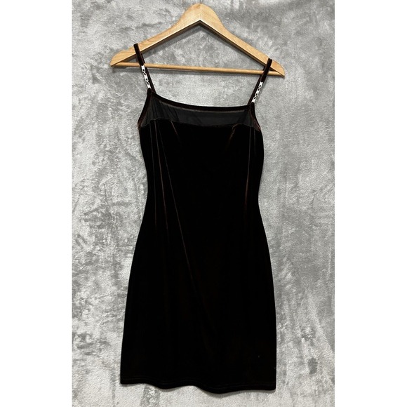 XOXO Vintage Y2K Velvet Brown Slip Mini Dress Large‎ Stretch - Picture 1 of 8
